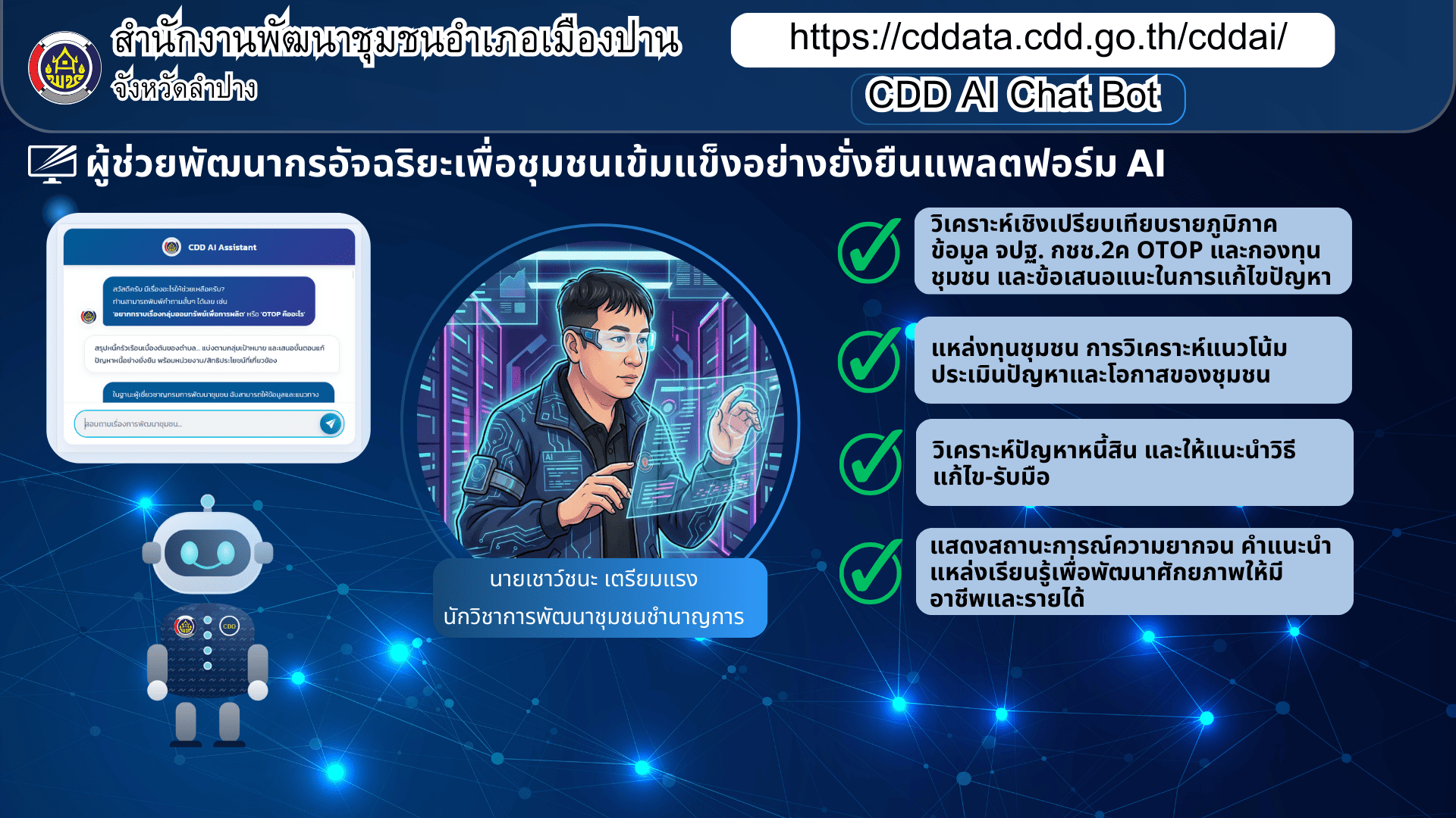 พอ.เมืองปาน : ประชาสัมพันธ์ระบบ CDD AI ผู้ช่วยพัฒนากร บริการอัจฉริยะ เพื่อการพัฒนาชุมชน ระบบช่วยวิเคราะห์และประมวลผล ข้อมูล Big Data กรมการพัฒนาชุมชน ที่ถูกต้อง แม่นยำ และทันสมัย ใช้งานง่าย ในคลิกเดียว